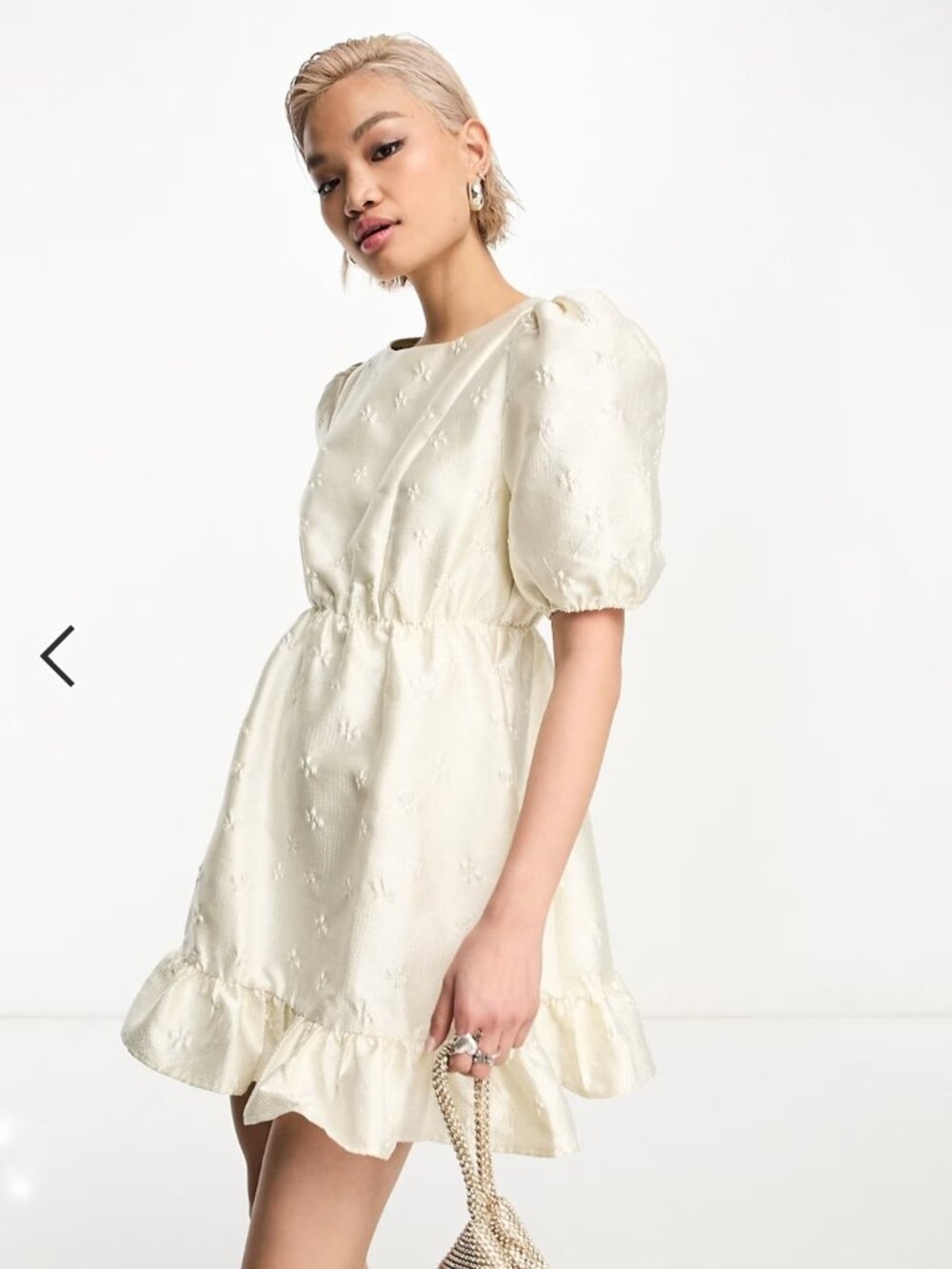 SISTER JANE Jacquard Ivory Open Heart Back Puff Sleeves Textured Mini Dress Sz M